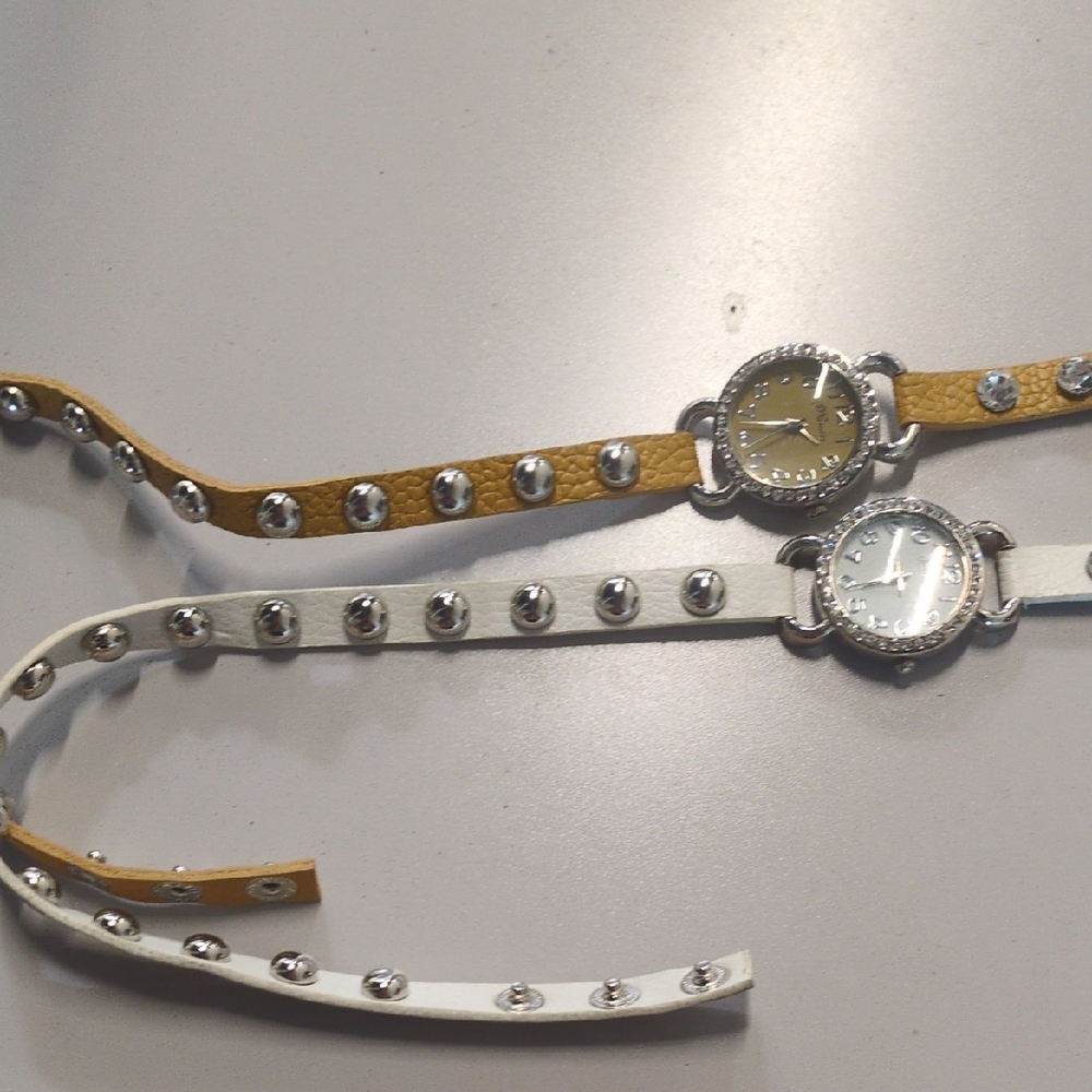 Rhinestone Silver/Gold Leather Band Watch Bundle
